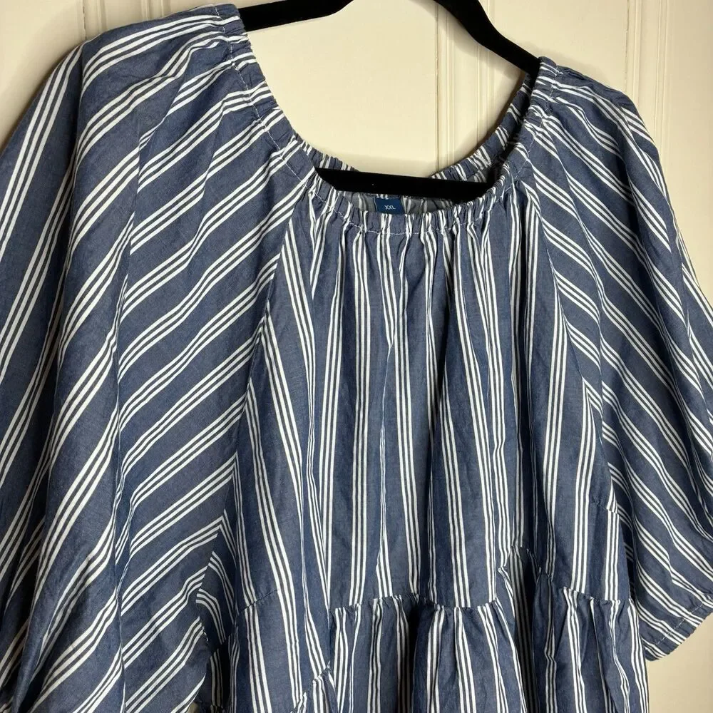 NEW Cotton navy striped puff-sleeve swing top womens 2X relaxed babydoll peasant